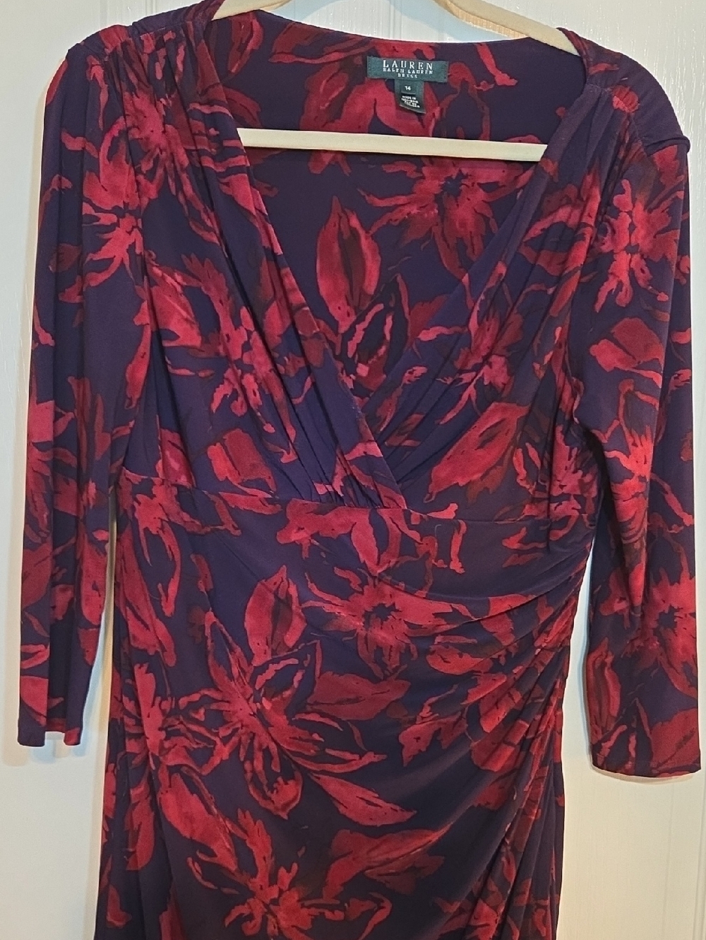 Lauren Ralph Lauren Red Floral Wrap Sheath Dress Size 14